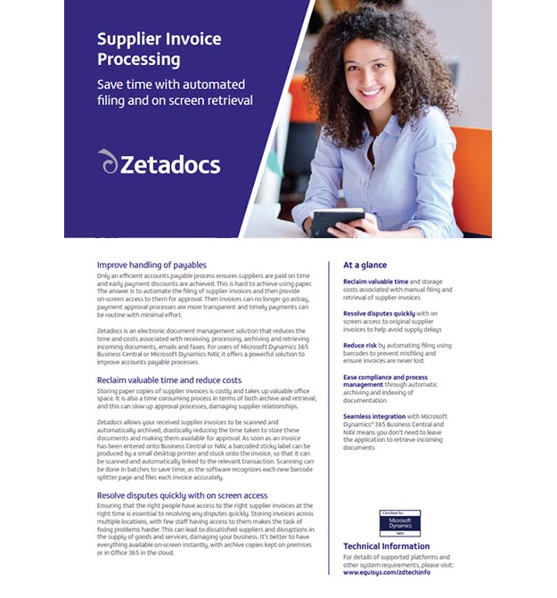 Zetadocs supplier invoice processing datasheet